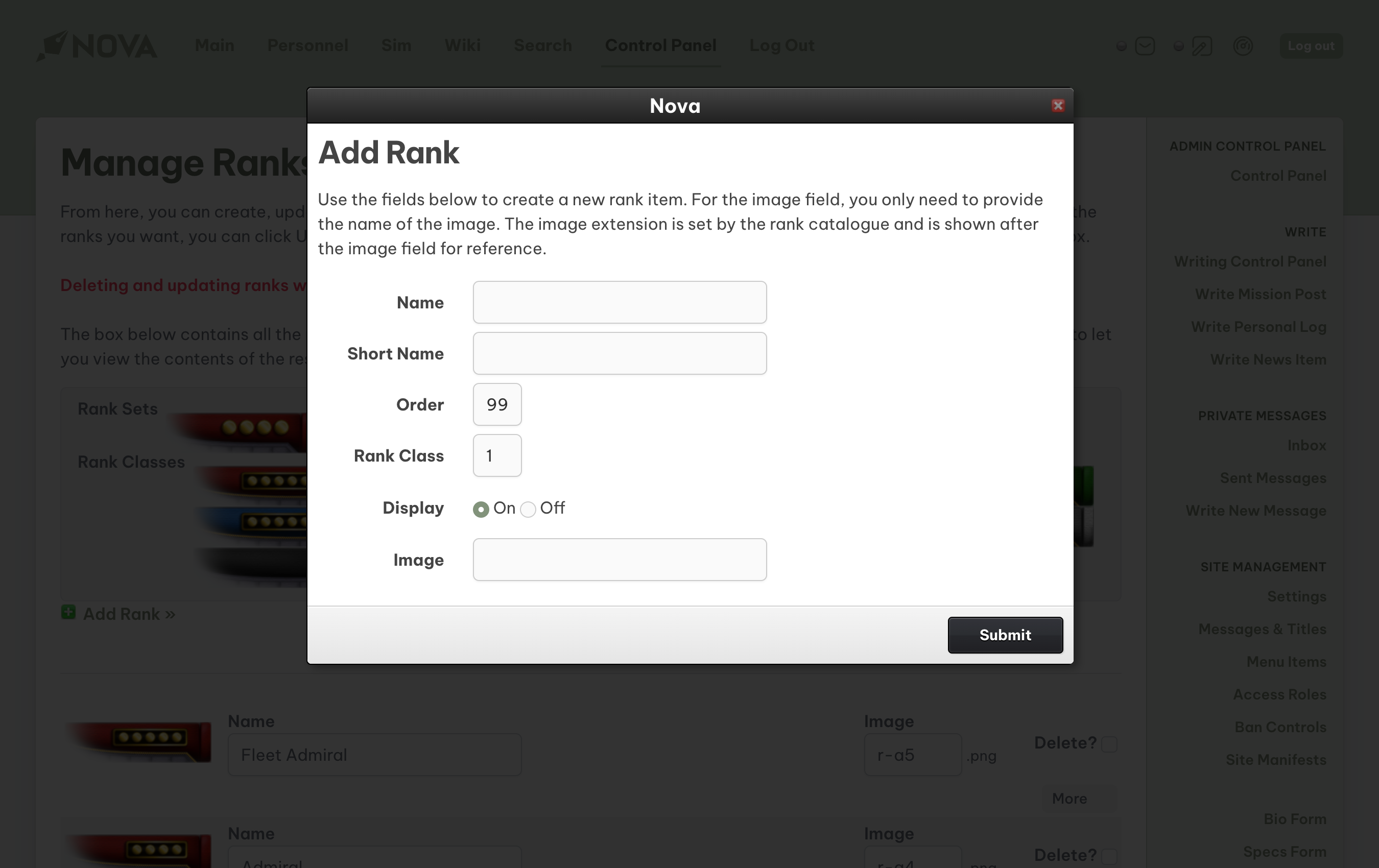 add rank modal